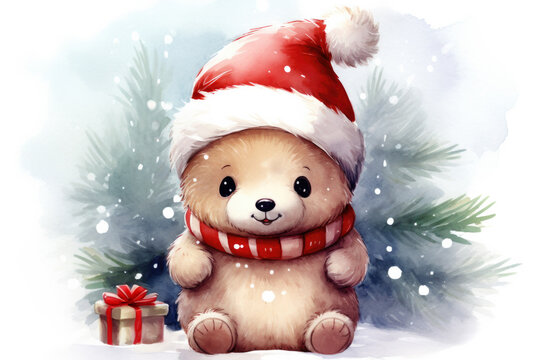 Cute Christmas bear with a gift, on a background of fir trees, watercolor style with space for text