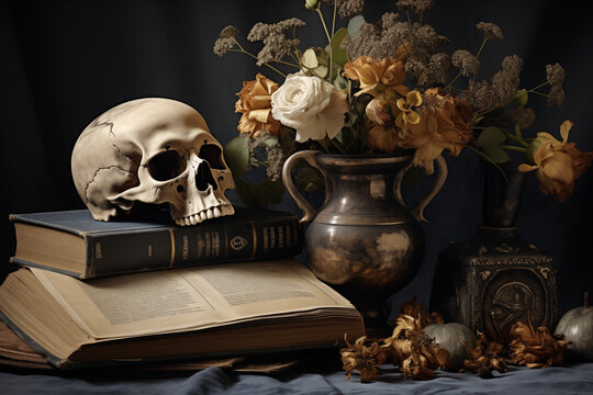 Vintage Still Life Remembrance Memento Mori Skull Flowers Books Dark Academia Memorial Background