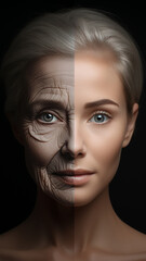 Concept of aging: Portrait of a female face with the smooth skin of a 20 year old woman on the one and the skin of an elderly lady on the other side