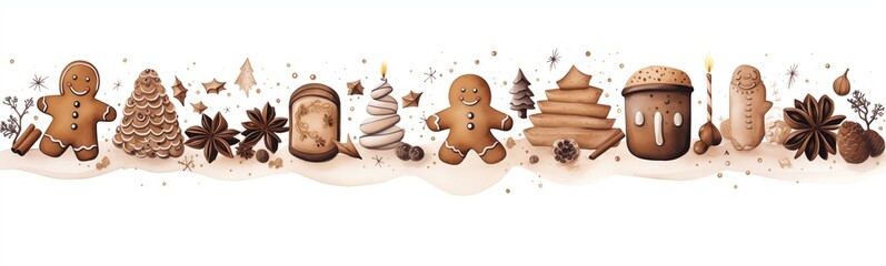 Winter Christmas or new year festive food background or page border, spice and gingerbread men cookies, cinnamon, star anise, vanilla, meringue, snow, pine trees and cones, snowflakes and shiny stars - obrazy, fototapety, plakaty