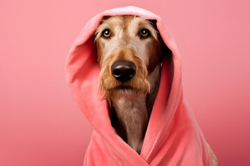 Glamorous fashionable dog in a pink robe. Neural network AI generated art