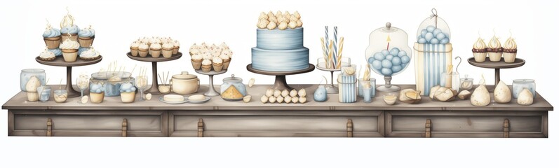 Fototapeta na wymiar Illustration of a dessert counter and festive pastries isolated on a white background, cupcakes, meringues, marshmallows, candies and candycanes, a pastel blue heavenly table for gourmets sweet tooths