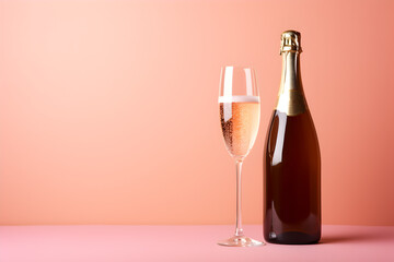 Bottle of champagne and glasses on pink background
