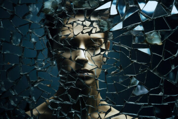 Male face looking through shattered mirror with many broken glass fragments. Mental disorder and chaos in consciousness, self identity concept - obrazy, fototapety, plakaty
