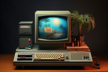 Vintage personal computer on desktop, close up. Retro style background with pc from 80s. Nostalgia...