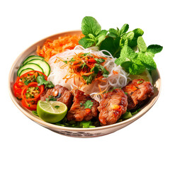 A Bowl of Vietnamese Bun Cha Noodle Salad Isolated on a Transparent Background