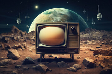 Retro tv set on moon surface. Television broadcasting in space