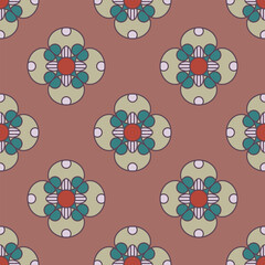 Seamless geometrical floral pattern with medieval motifs. Four petal cross shape flowers. On mauve background.