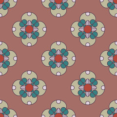 Seamless geometrical floral pattern with medieval motifs. Four petal cross shape flowers. On mauve background.