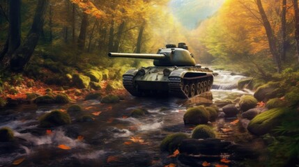 Tanks in the autumn forest. Military Concept. War Concept. Battlefield.