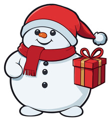 Cheerful cute Snowman with a Christmas gift in hand