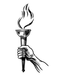 Hand with a torch. Hand-drawn black and white drawing - 683933379