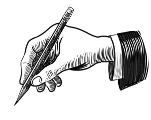Hand with a pencil. Hand-drawn black and white drawing