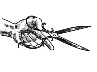 Hand with scissors. Hand-drawn black and white drawing