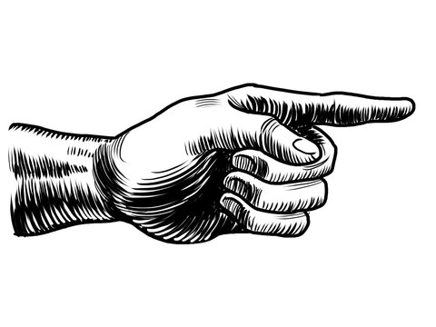 Hand pointing right. Hand-drawn black and white illustration