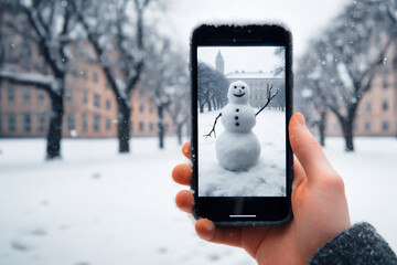A smartphone in the hands of a tourist taking a photo of a friendly snowman in a city park on a frosty winter day. - obrazy, fototapety, plakaty