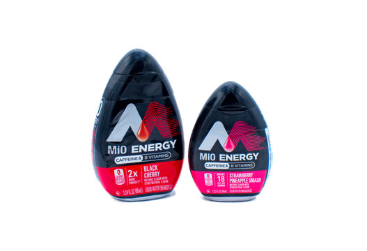 Ocala, FL USA November 2023 Mio energy liquid water enhancer with caffeine and vitamin B. Zero 0 calories Isolated on white background. Black cherry and pineapple strawberry flavors