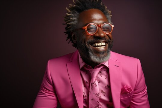 Stylish African American man in trendy eyewear and fashion attire, joyfully laughing. Studio portrait of a modern, confident individual.