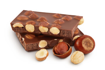 Chocolate with hazelnuts isolated on white background with full depth of field.