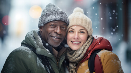 Fototapeta na wymiar Interracial Mature Love: African American Man, Caucasian Woman, Adorned in Winter Wear, Embracing a Snowy Affair, Celebrating Diverse Romance and Festive Valentine's
