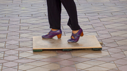Women 's legs in trousers and dancing shoes dancing flamenco .Street dancers