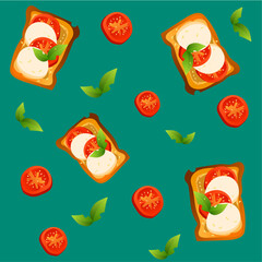 breakfast illustration, pattern with tomato sandwich,  vegetables, mozzarella, bazil leave 