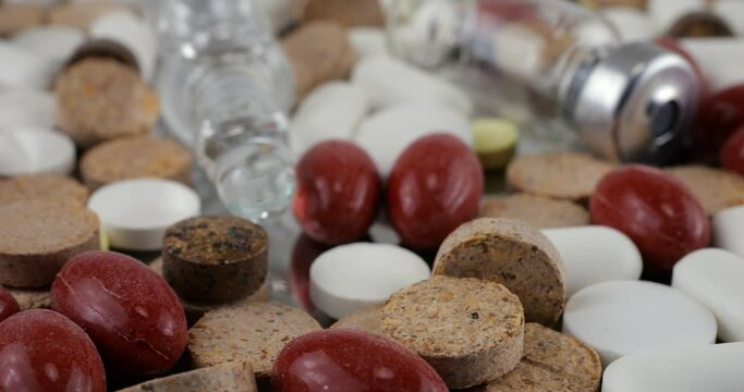 Pharmacy background on a metal surface. Tablets, pills, glass flacons and ampoule. Medicine and healthy. Close up of capsules.