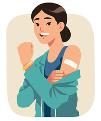 Happy person after vaccination. Immune vaccinated woman showing arm shoulder with bandage after vaccine injection shot. Health care disease prevention flat vector illustration