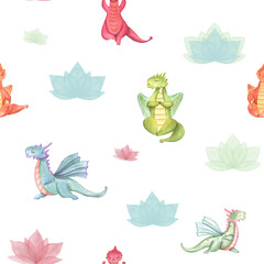 Seamless pattern of colored Dragons in various poses of yoga. Abstract blue, green, red waterlily flower. Animals sitting in lotus pose and practicing fitness exercises. Yoga. Watercolor illustration