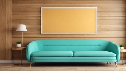 Blue sofa with wooden wall frame in the middle