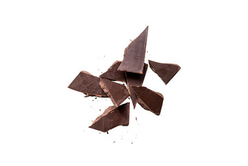 Broken organic dark chocolate bar isolated on a transparent background without shadow from above,...