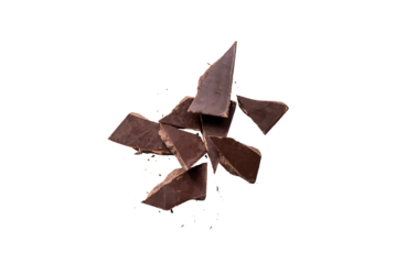 Broken organic dark chocolate bar isolated on a transparent background without shadow from above, top view
