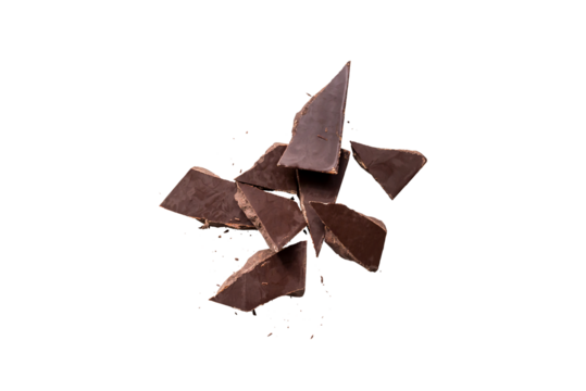 Broken organic dark chocolate bar isolated on a transparent background without shadow from above, top view