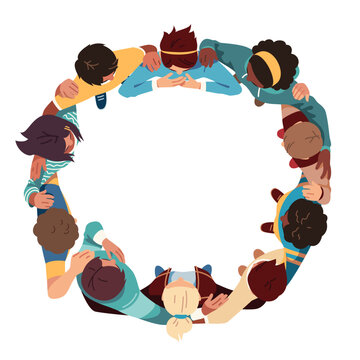 Top view of diverse people team in circle. Young men, women group standing embracing together. Community support teamwork, multicultural friendship, culture solidarity concept flat vector illustration