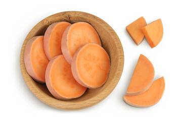 Sweet potato slices in a wooden bowl isolated on white background. Top view. Flat lay