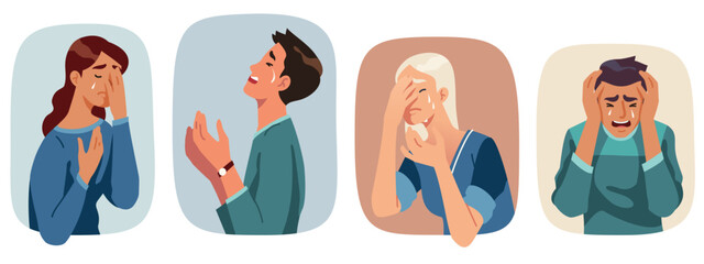 Sad person crying with tears on face set. Unhappy men and women cartoon characters weeping in depression and grief. Upset and desperate people facial expressions portraits flat vector illustration