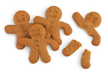 Gingerbread man isolated on white background. Top view. Flat lay.