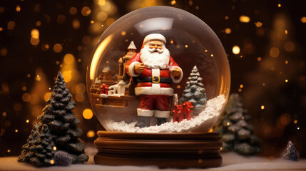 Santa Claus inside a glass sphere on a background of lights. Christmas decoration, Christmas glass ball.