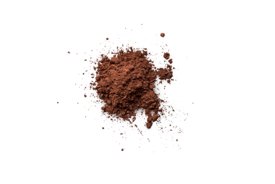 Organic dark chocolate powder isolated on a transparent background with shadow from above, top view
