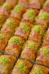 Cross shot of fresh baklava from above, Shot of freshly baked handmade baklava with lots of...