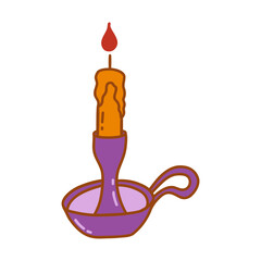 Burning candle in antique purple candlestick with handle. Colorful vector isolated illustration hand drawn doodle. Winter holiday season. Lighting element icon clip art