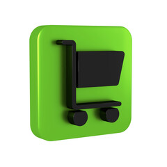Black Shopping cart icon isolated on transparent background. Online buying concept. Delivery service sign. Supermarket basket symbol. Green square button.