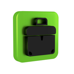 Black Briefcase icon isolated on transparent background. Business case sign. Business portfolio. Green square button.