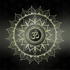 Golden mandala with om symbol in the center. Glowing flower on black background. Vector esoteric illustration