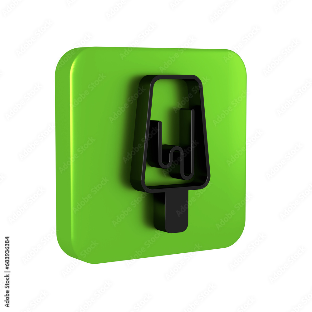 Poster black ice cream icon isolated on transparent background. sweet symbol. green square button.