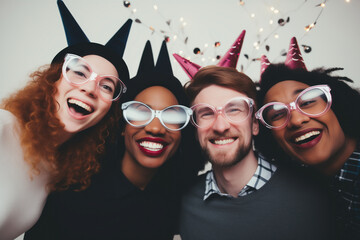 Portrait of a multicultural group of co-workers celebrating a birthday party in the office with party hats and ridiculous props, funny moments in the office.