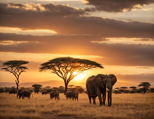 elephants in the savannah in the sunset
