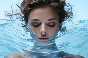 Advertising about skin care and moisturizing, portrait of a girl with closed eyes and crystal clear water enveloping her face, care and cosmetic procedures - obrazy, fototapety, plakaty