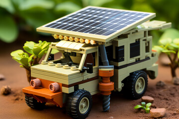 car with solar panels on top, the concept of saving alternative energy and ecology, equipment from a children's construction set