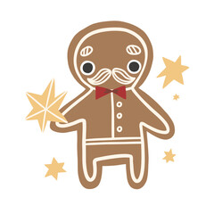 Cute Christmas gingerbread man with a moustache and an asterisk in his hand. Cartoon vector illustration. Happy Holidays - Merry Christmas and Happy New Year.